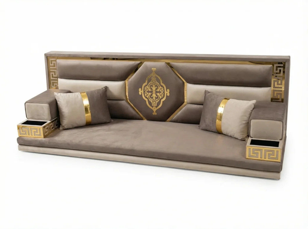 Mink and beige velvet Arabic majlis with a gold-framed octagonal medallion panel and key-pattern tray armrests