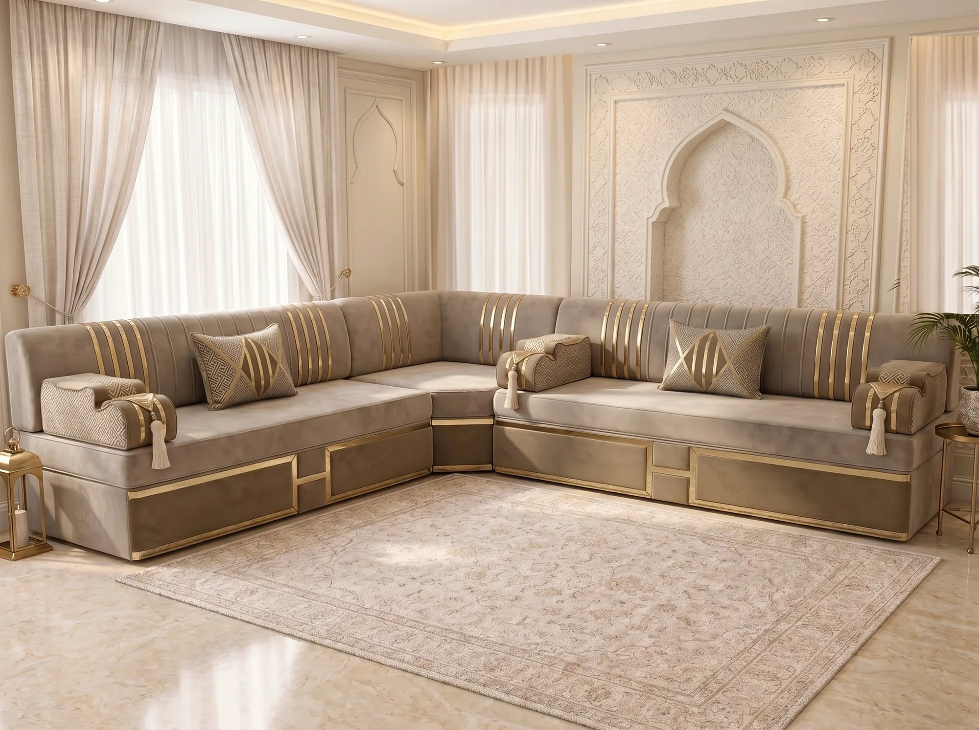 Beige velvet majlis sofa in an L shape with gold-striped backs and gold-framed bases on a beige rug by a carved arch