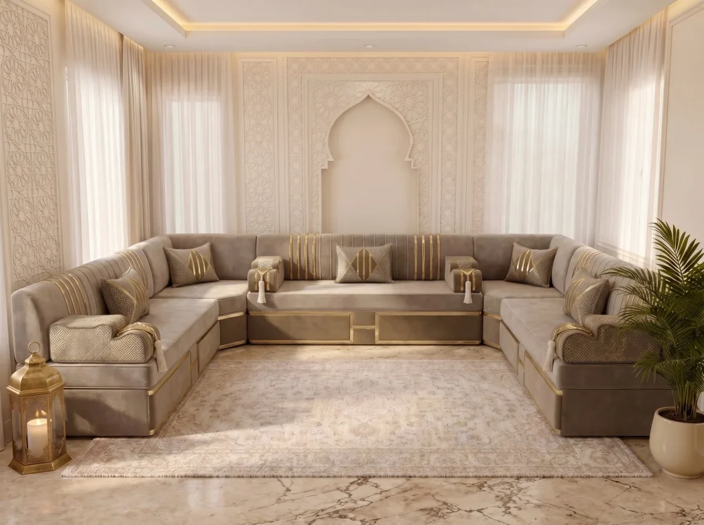Beige velvet majlis sofa set in a U shape with gold-striped backs and key-pattern pillows, seen from the front