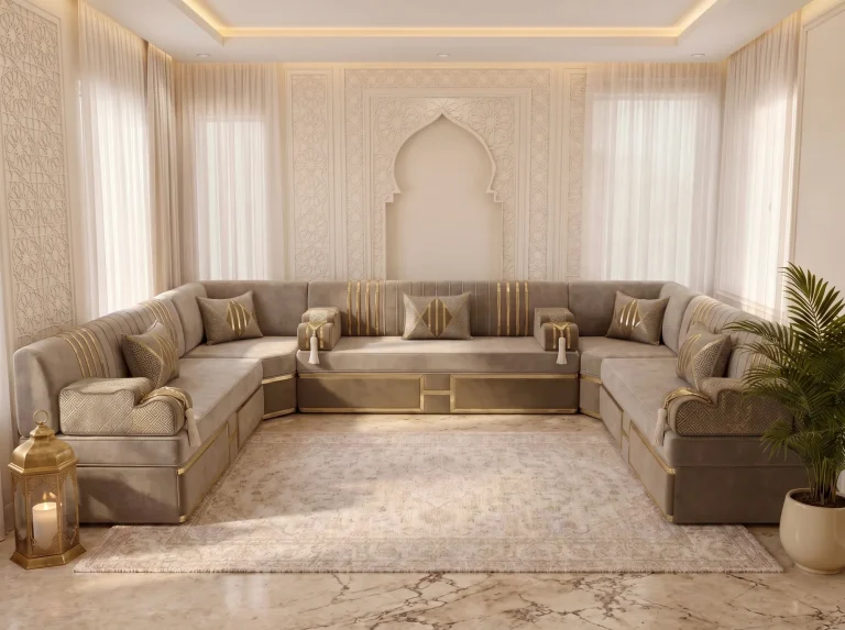 Beige velvet majlis sofa set in a U shape with gold-striped backs and key-pattern pillows, seen from the front