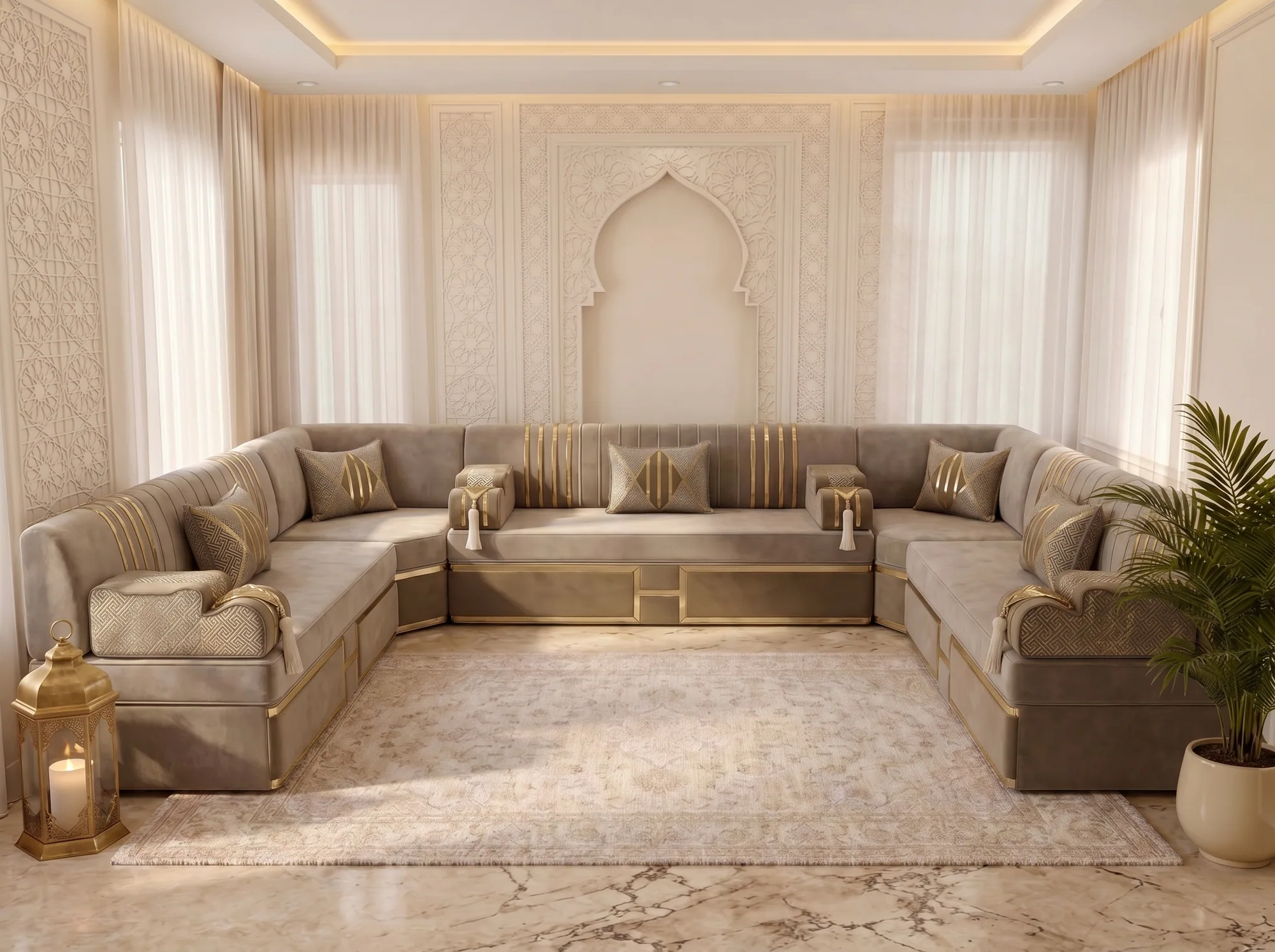 Beige velvet majlis sofa set in a U shape with gold-striped backs and key-pattern pillows, seen from the front