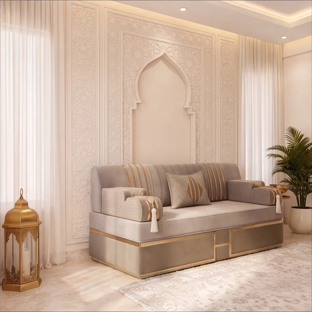 Three-quarter view of a single beige velvet majlis sofa with gold stripes, key-pattern armrests and a brass floor lantern