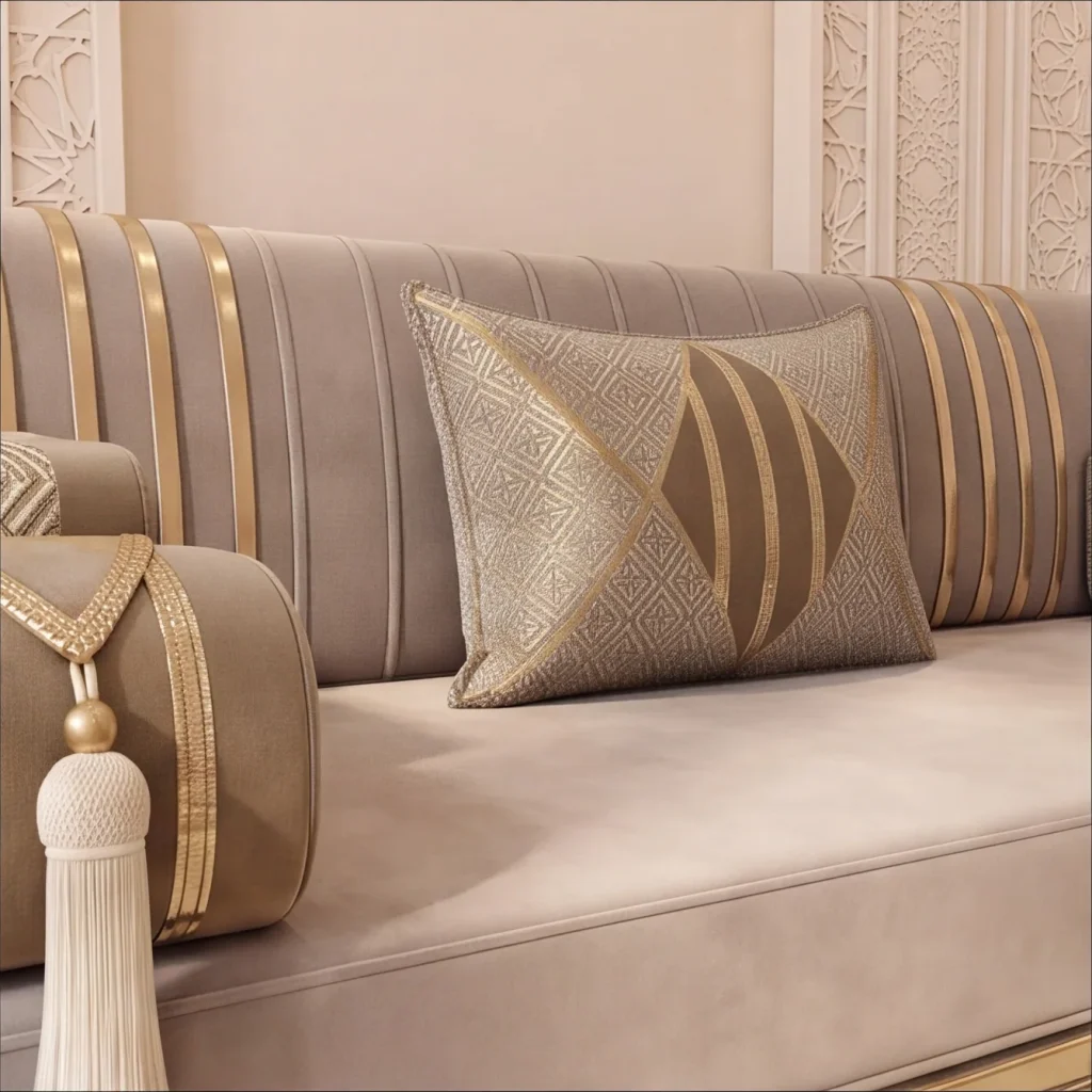 Close-up of a key-pattern jacquard pillow with a gold-striped diamond on a beige velvet Arabic majlis