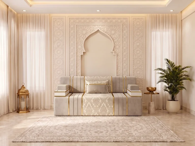 Single beige velvet Arabic majlis module with a cream damask centre panel, gold strips and tray-top armrests