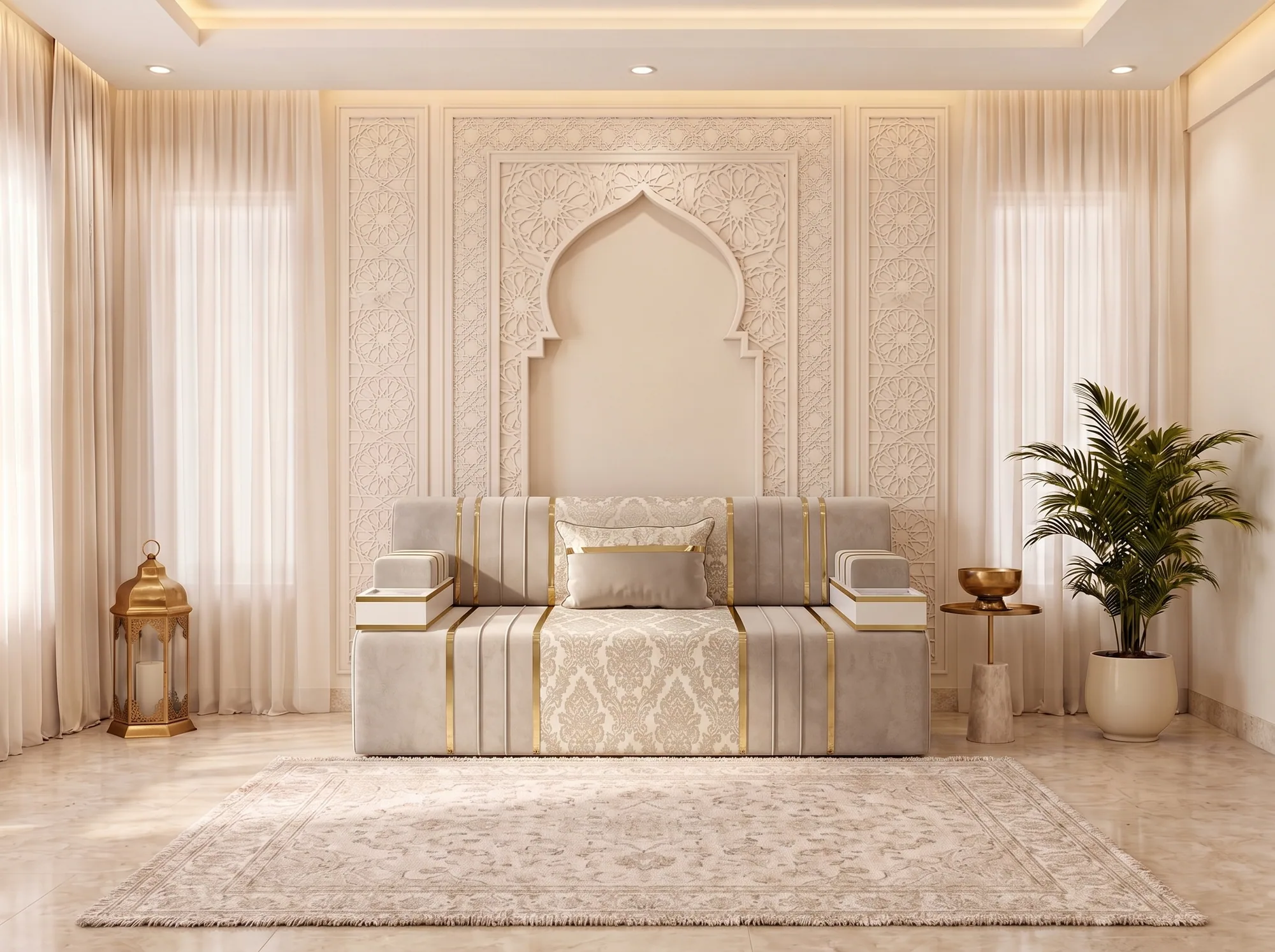 Single beige velvet Arabic majlis module with a cream damask centre panel, gold strips and tray-top armrests
