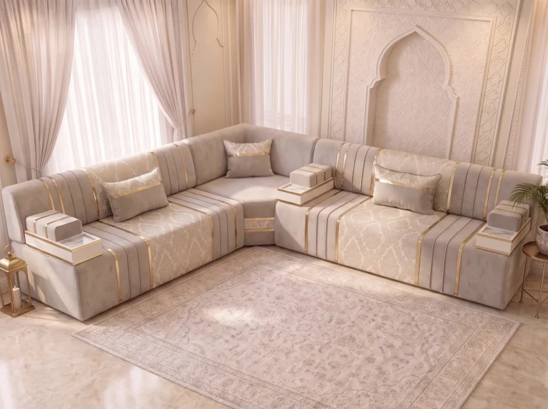 Elevated view of a beige velvet majlis sofa set in an L shape with damask panels, gold strips and a large beige rug