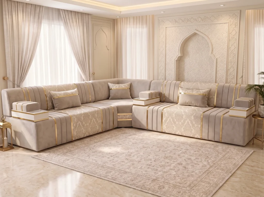 Beige velvet Arabic jalsa in an L shape with cream damask panels, gold strips and white tray-top armrests on a beige rug