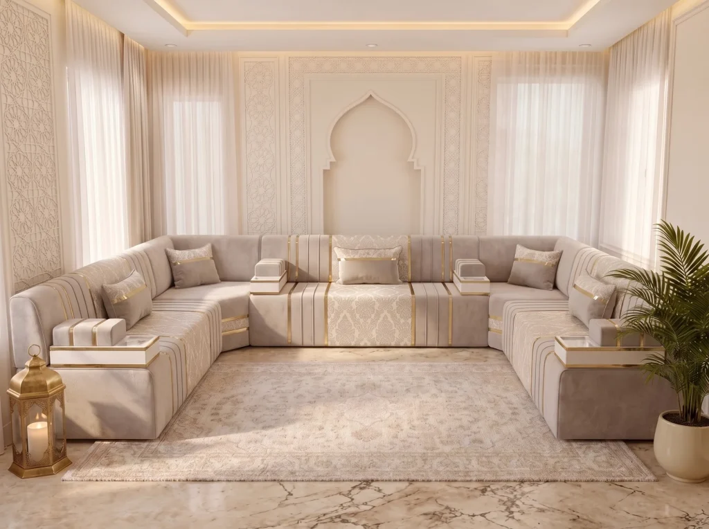 Beige velvet majlis sofa in a U shape with cream damask panels and tray-top armrests, seen from the front