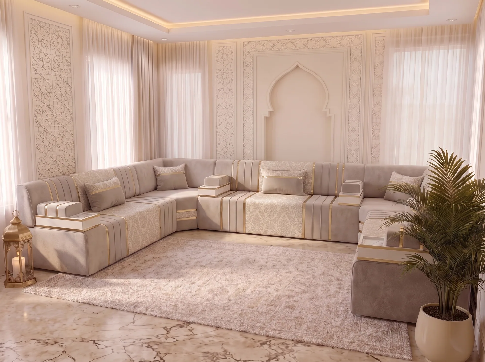Side-angle view of a beige velvet majlis sofa in a U shape with damask panels, tray armrests and a palm in the foreground