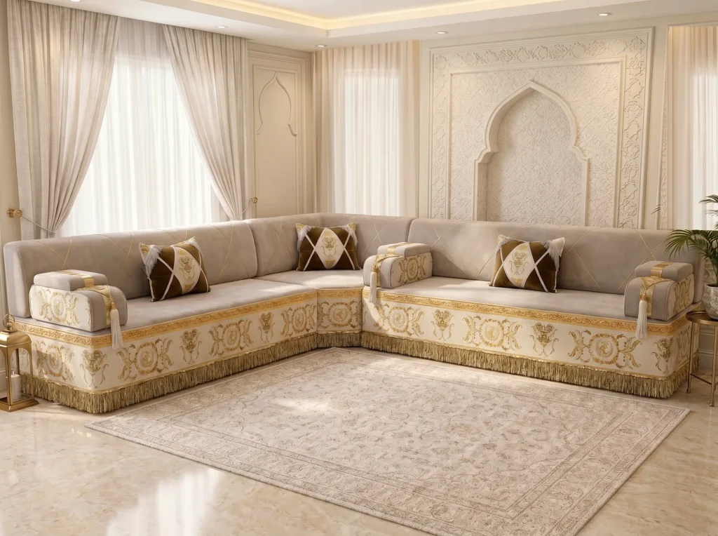 Beige majlis sofa in an L shape with gold-embroidered cream bases and gold fringe on a beige rug before a carved arch