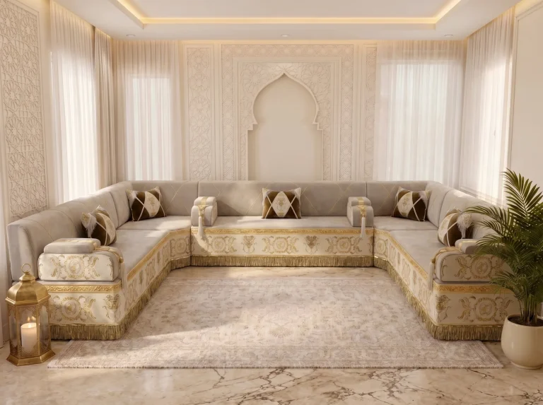 Beige majlis sofa set in a U shape with gold baroque-embroidered bases and brown diamond pillows before a carved arch