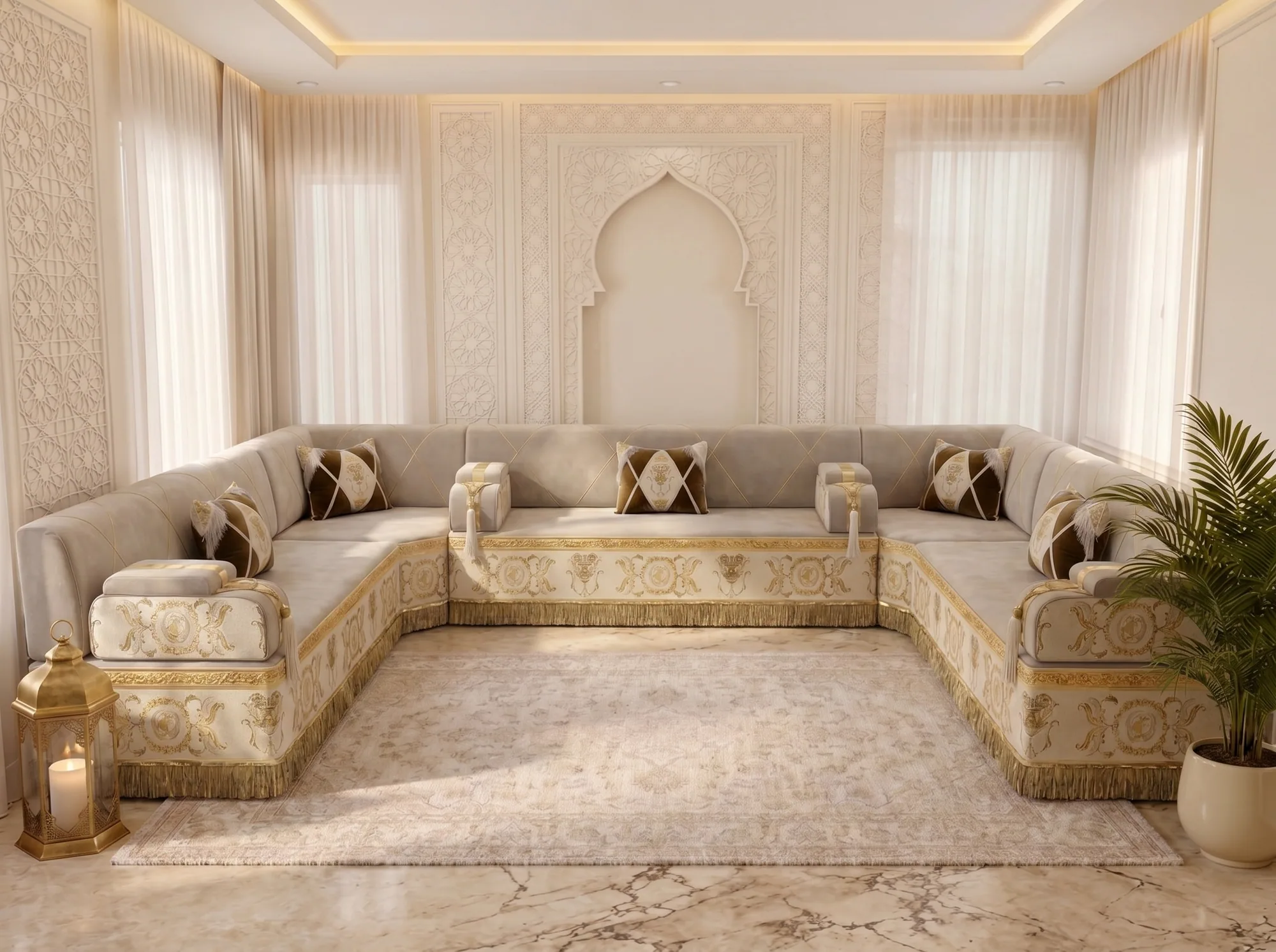 Beige majlis sofa set in a U shape with gold baroque-embroidered bases and brown diamond pillows before a carved arch