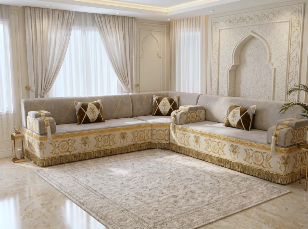 Beige majlis sofa in an L shape with gold baroque bases and fringe in a wide cream room with a carved arch niche