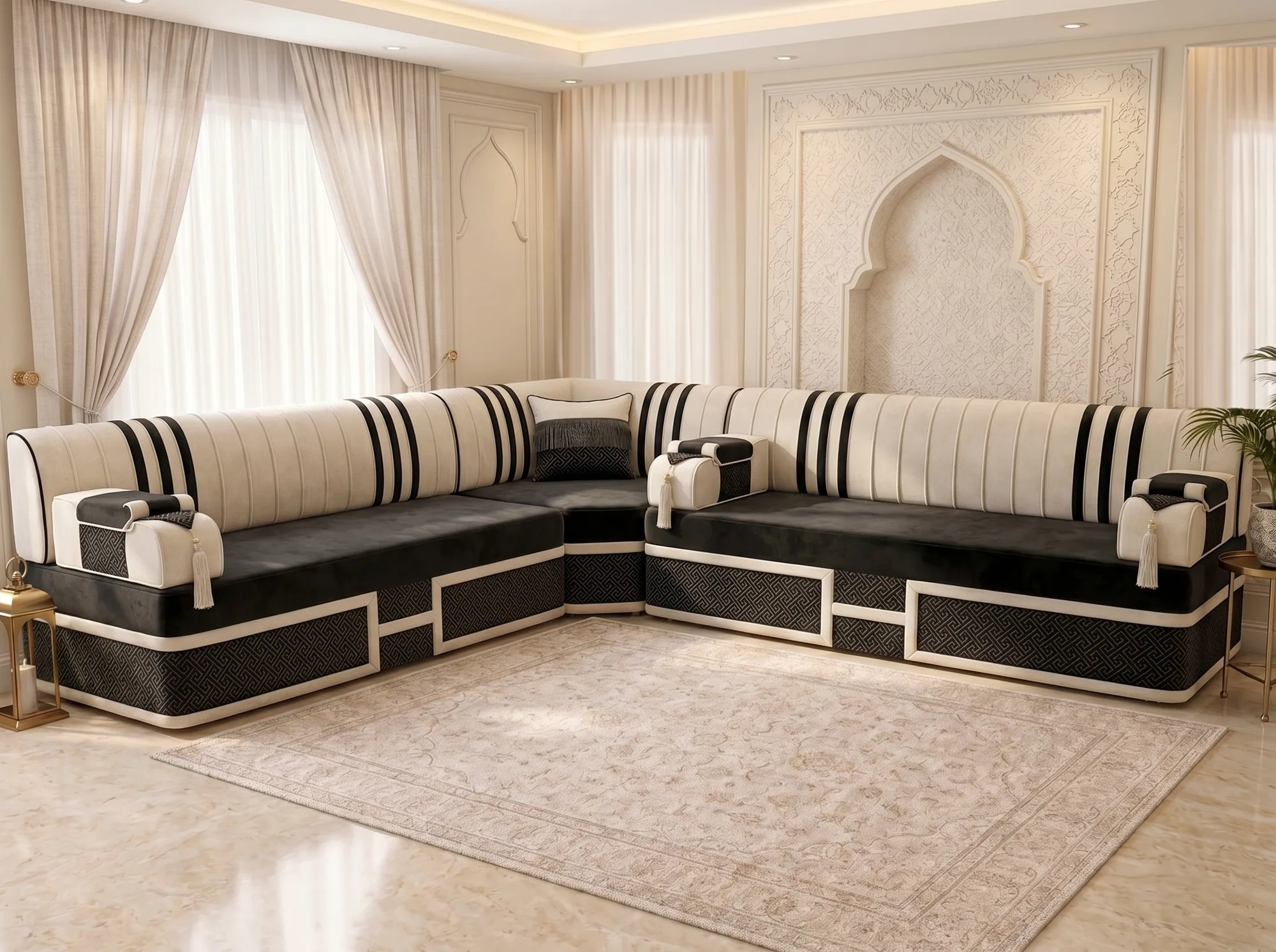 Black velvet majlis sofa in an L shape with cream black-striped backs and framed key-pattern bases before a carved arch