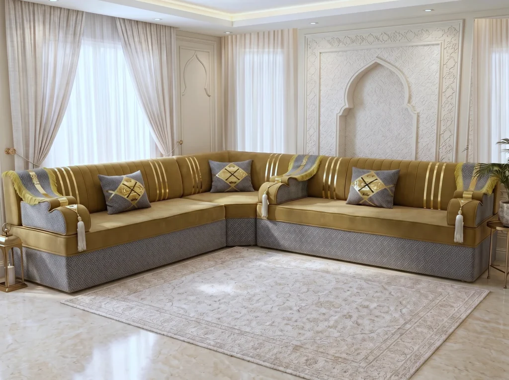 Mustard velvet Arabic majlis in an L shape with gold-striped backs, grey key-pattern bases and grey pillows