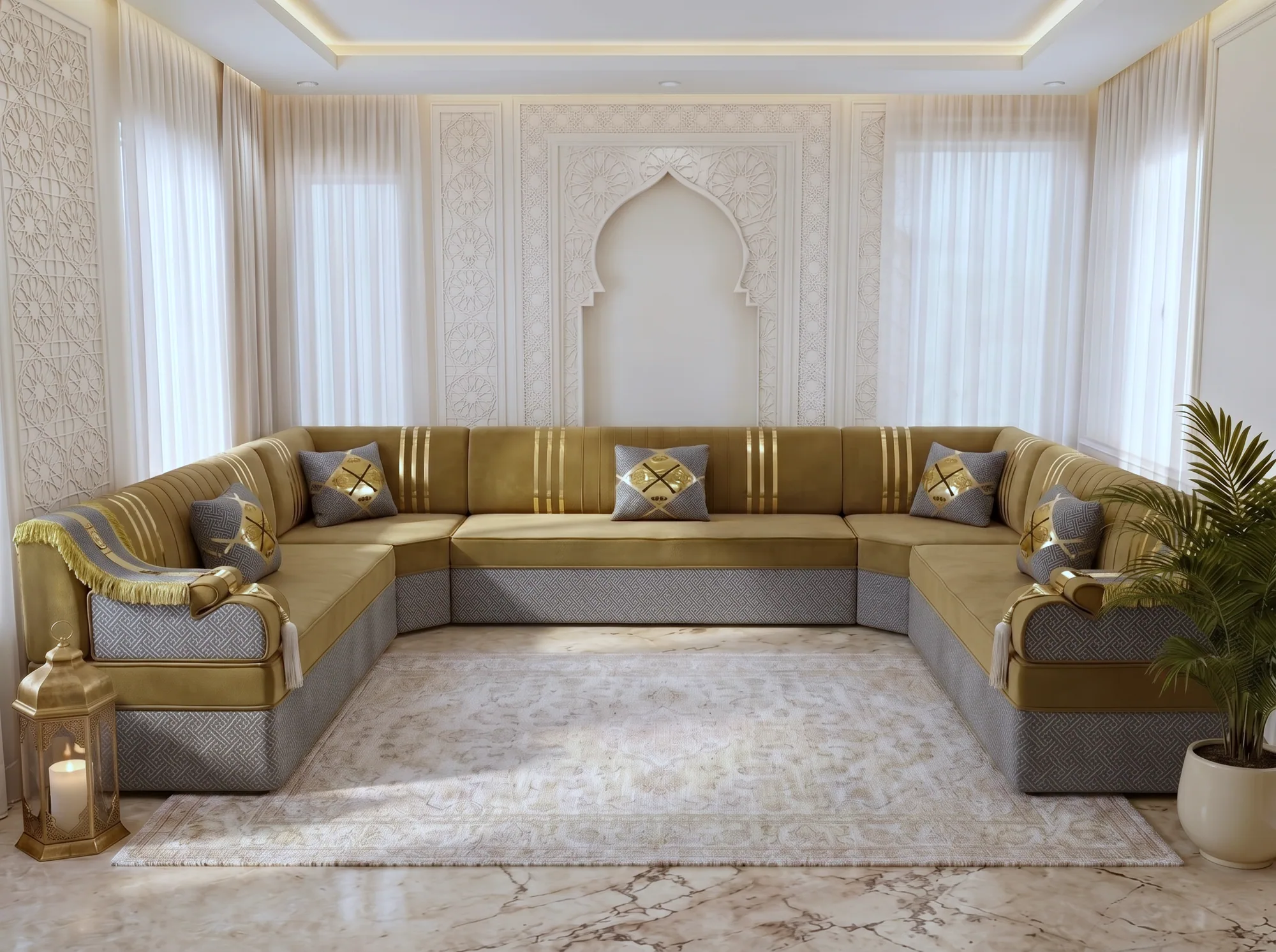 Mustard velvet Arabic majlis in a U shape with gold-striped backs and grey key-pattern bases, seen from the front