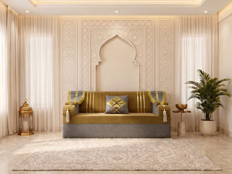 Single mustard velvet majlis sofa set module with gold stripes, a grey key-pattern base and fringed armrest drapes