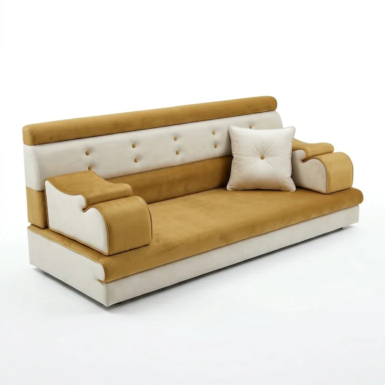 Mustard and cream plain velvet Arabic majlis seat with a button-tufted backrest and two curved scroll armrests