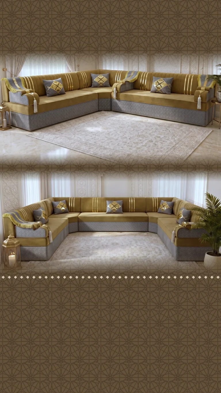 Mustard gold velvet Arabic majlis with a grey patterned base and metallic stripes, rendered as an L shape and a U shape