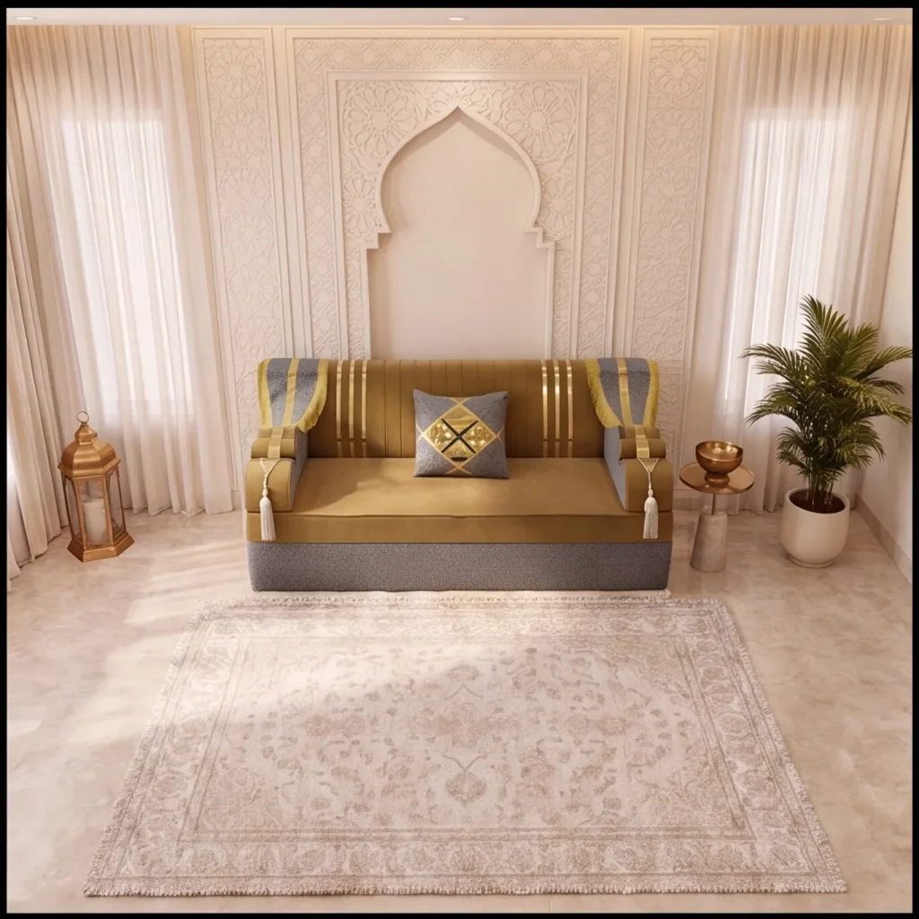 Single mustard and grey Arabic jalsa seat with gold stripes in front of a carved arch wall, cream rug in front