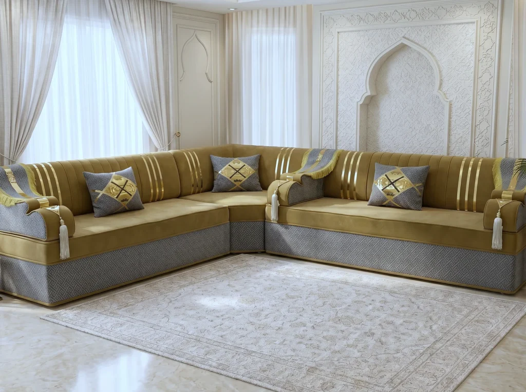 L-shaped mustard velvet Arabic majlis with gold-striped backs and grey patterned base around a cream rug