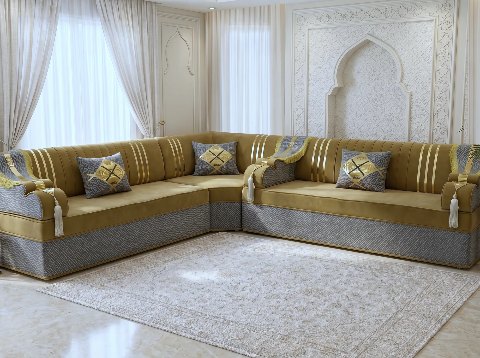 L-shaped mustard velvet Arabic majlis with gold-striped backs and grey patterned base around a cream rug
