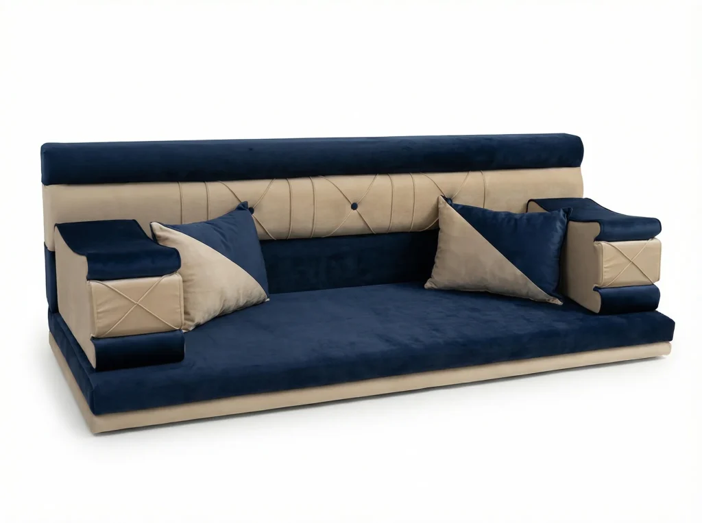 Low navy and beige velvet Arabic majlis seat with a tufted backrest and two diagonal two-tone cushions