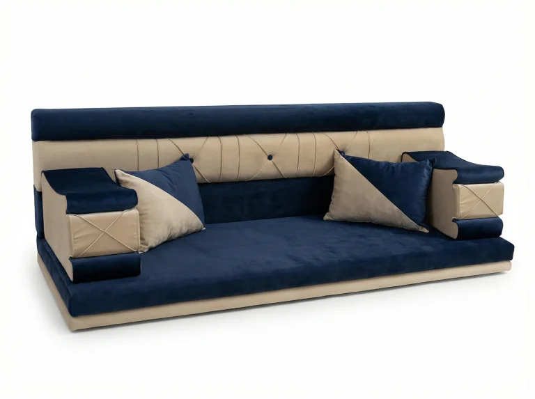 Low navy and beige velvet Arabic majlis seat with a tufted backrest and two diagonal two-tone cushions