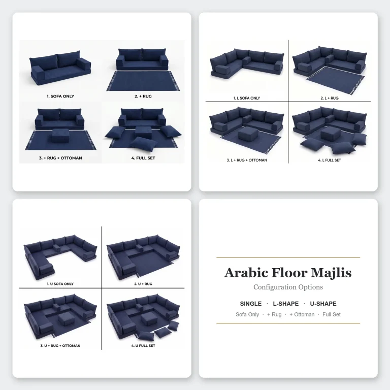 Chart of navy floor seating set options: single, L and U shapes with rug, ottoman and full set