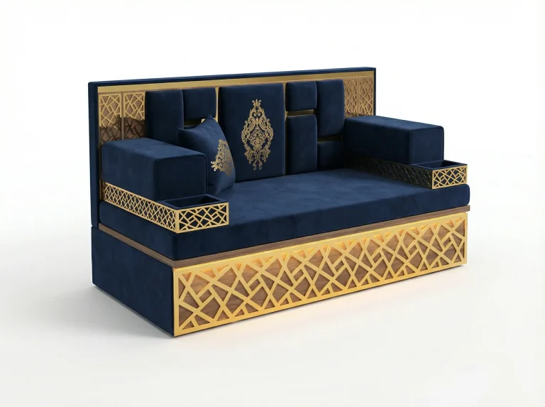 Compact raised navy velvet majlis sofa with a gold geometric lattice base, lattice tray armrests and a gold ornament