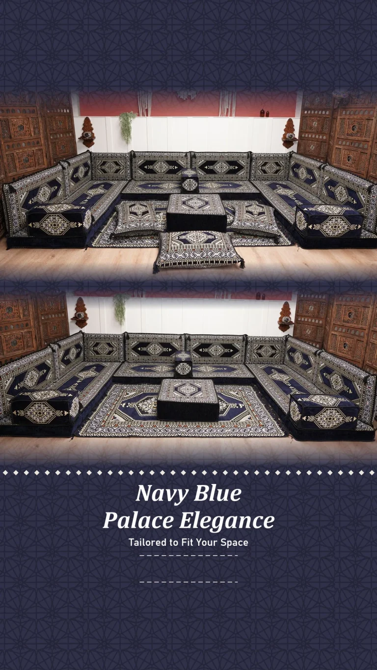 Navy blue medallion floor sofa set lining three walls, shown with and without its three floor cushions