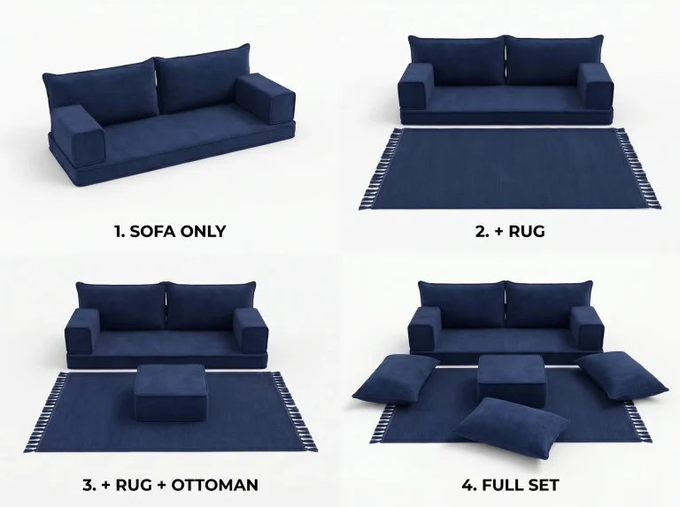 Four labelled views of a navy single Arabic floor couch: sofa only, with rug, with ottoman and as a full set