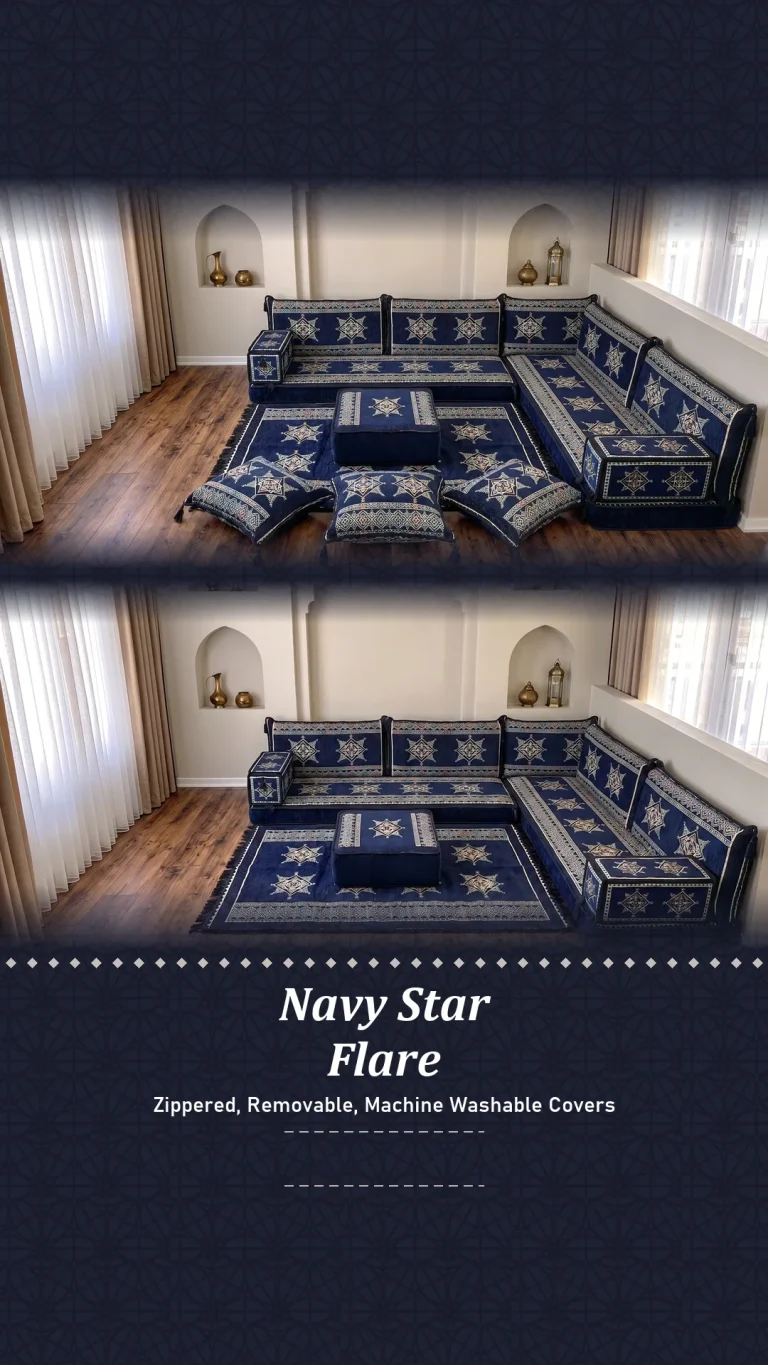 Navy blue star-pattern floor sofa set in a corner layout on a matching rug, below two arched wall niches