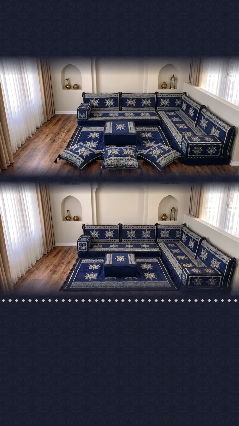Navy star-pattern floor sofa with white eight-point stars in an L shape, with pouf, floor cushions and a matching star rug
