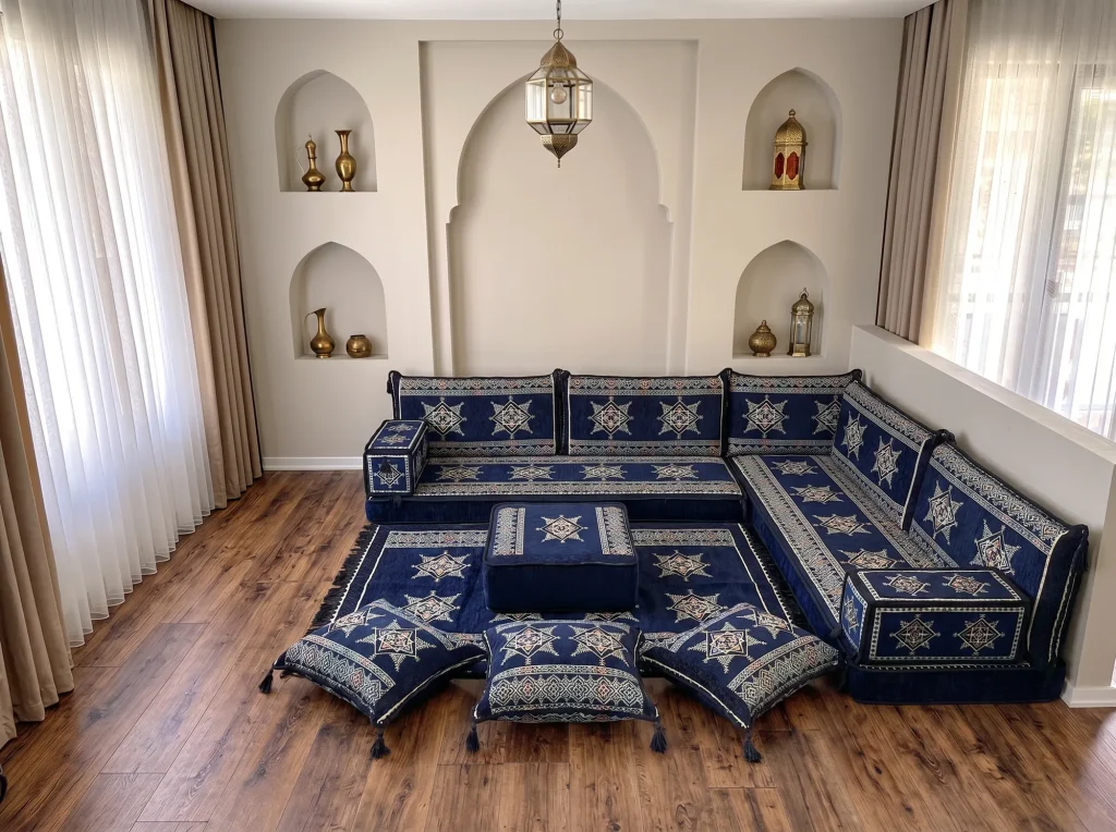 Navy star-pattern floor sofa in an L shape with matching rug, ottoman and three tasselled floor cushions