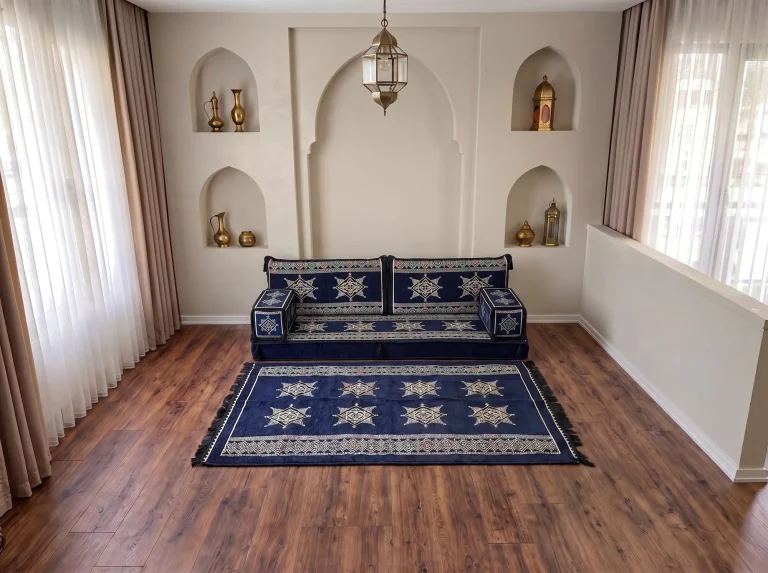 Navy star-pattern Arabic sofa in a single row with a matching navy star rug spread in front of it