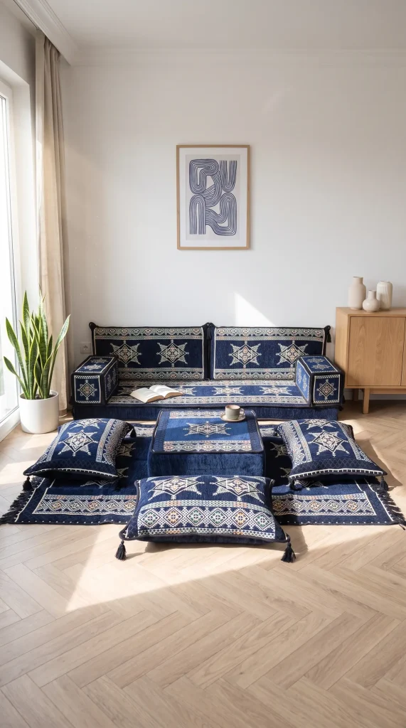 Navy and cream star-pattern floor sofa with ottoman and floor cushions in a sunlit living room