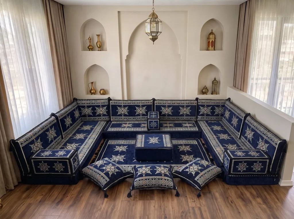 Navy and cream star-motif Sofhu floor sofa in a U shape with matching rug, ottoman and floor cushions