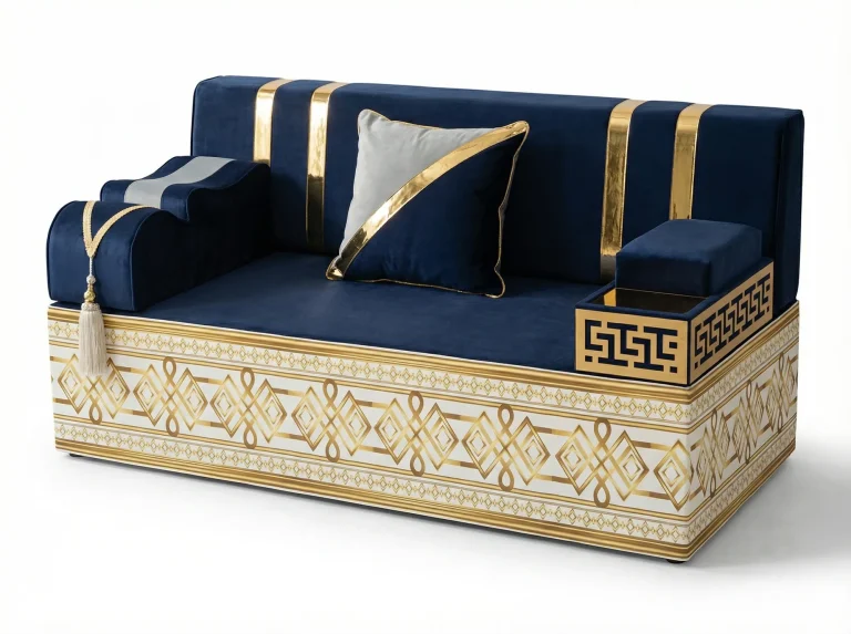 Compact navy velvet majlis sofa on a white base printed with gold diamond knots, with a gold key-pattern tray armrest
