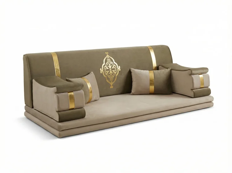Olive and beige velvet Arabic majlis with a gold foil medallion on the backrest and gold bands on the armrests