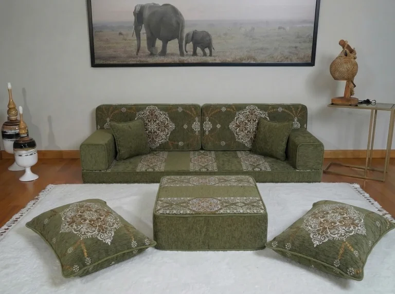 Olive green chenille diwan floor sofa with cream medallion backs, ottoman and floor cushions