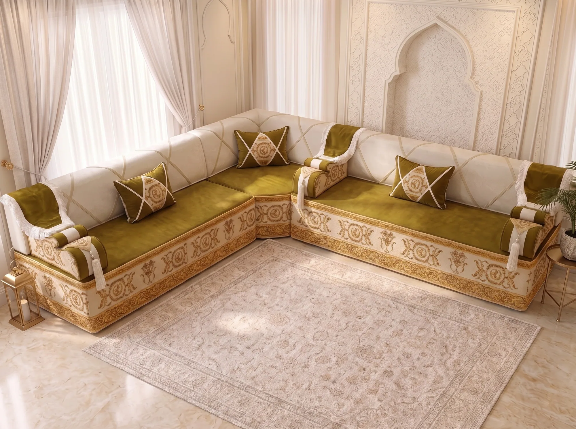 High-angle view of an olive and ivory L-shaped majlis sofa with gold baroque borders and three cushions