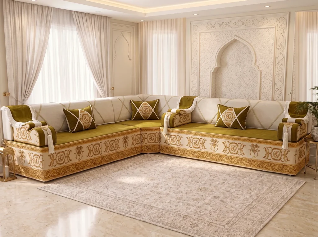 Olive green Arabic majlis in an L shape with ivory backrests and a gold baroque-print base, raised to sofa height