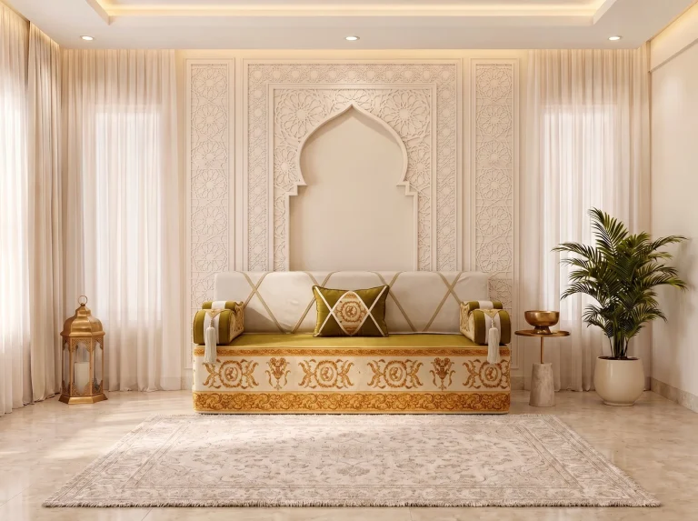 Single olive green and ivory Arabic jalsa with a gold baroque-print base beneath a carved arch niche