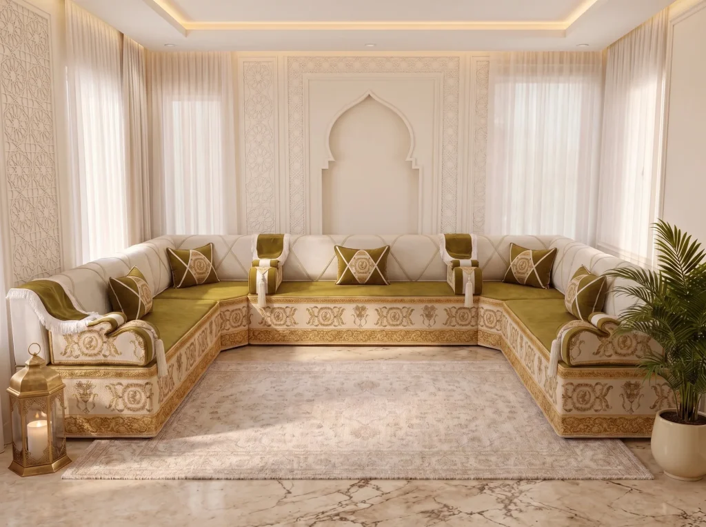 Olive green and ivory U-shaped Arabic majlis with gold baroque trim around a cream rug in a bright room
