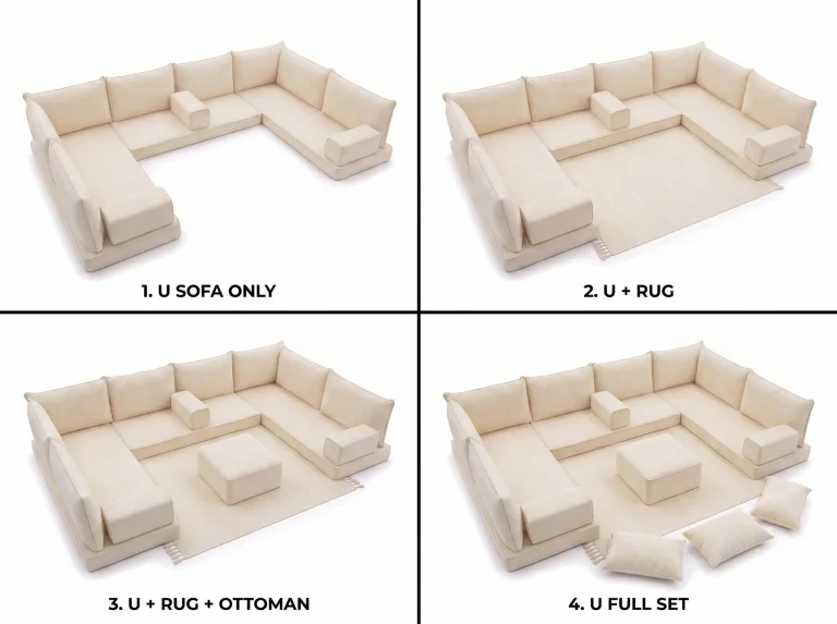 Four-panel chart of a plain cream U-shaped floor seating set: sofa only, with rug, with ottoman, and full set