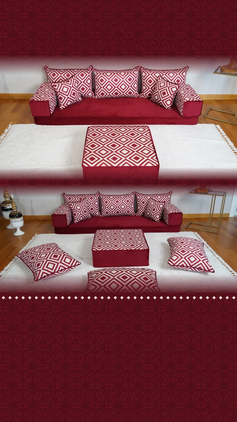 Burgundy red Arabic floor sofa with white concentric-diamond cushions and matching pouf on a white rug, two views