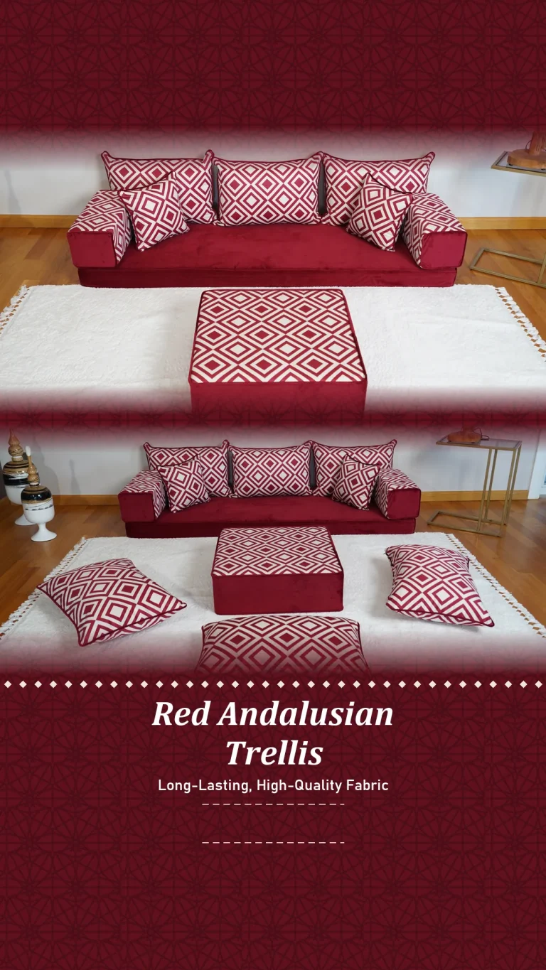 Red and white trellis-pattern Arabic sofa in a single row, shown with and without matching floor cushions