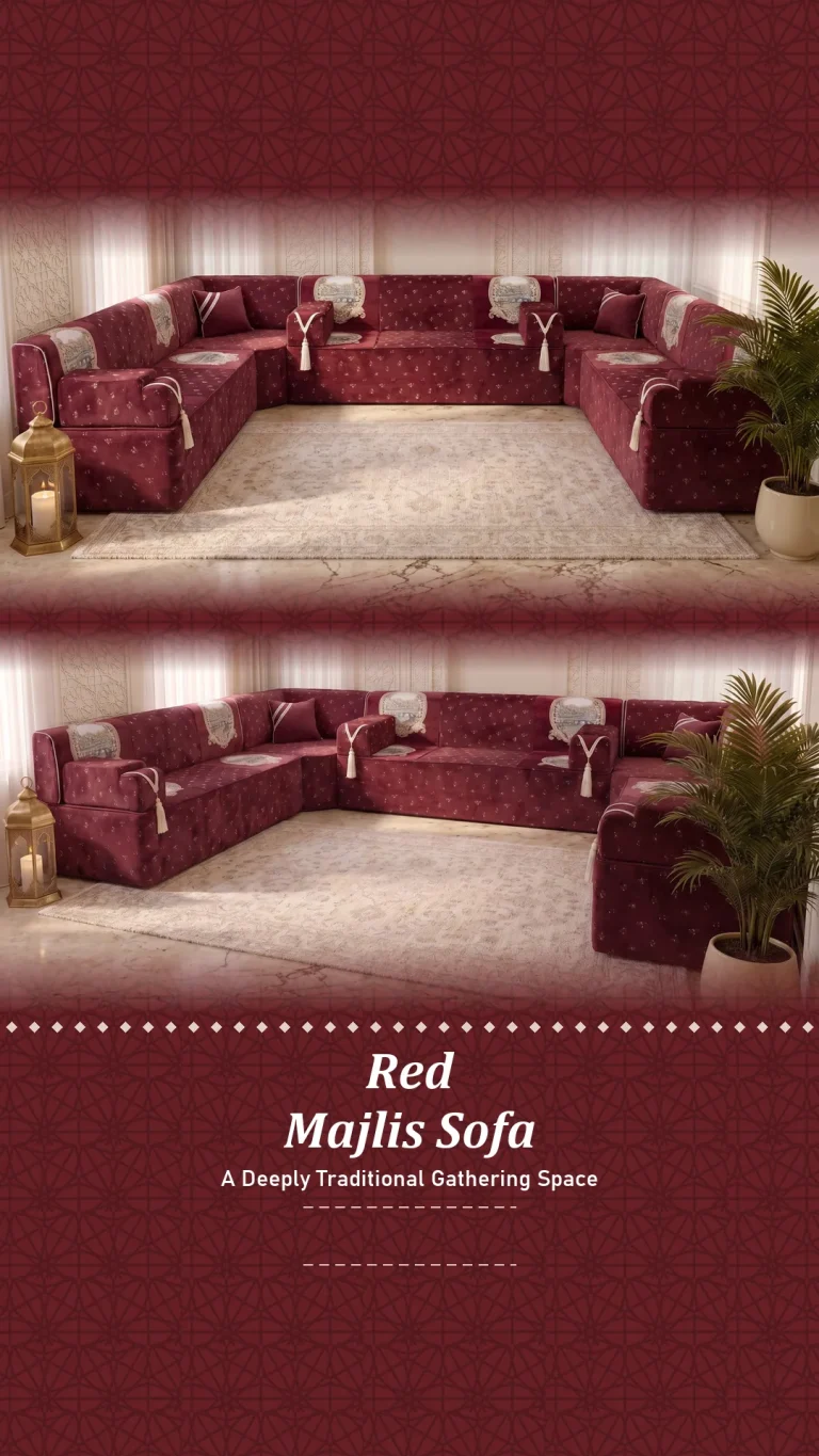Burgundy red upholstered majlis sofa set on three sides of a cream rug in a marble-floored room, two angles