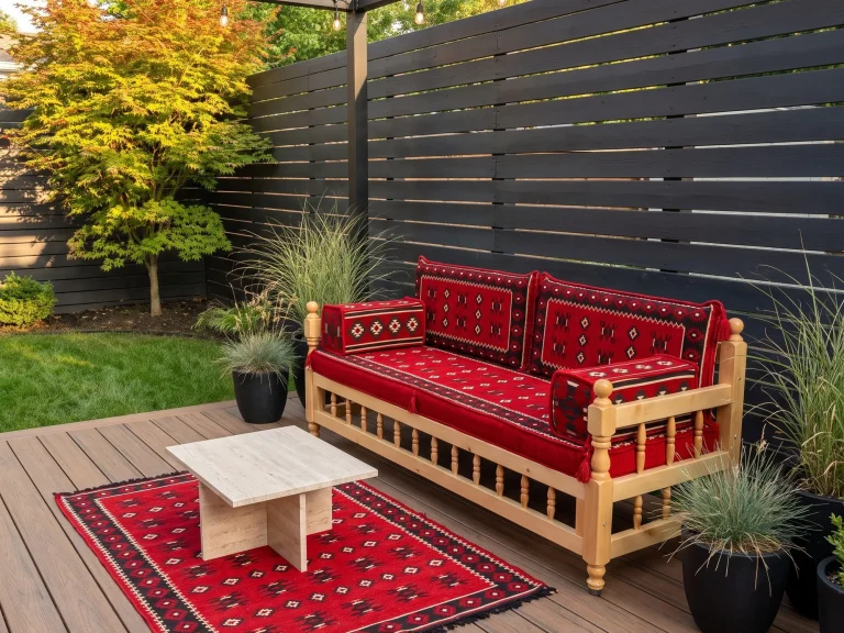 Outdoor wooden bench with red kilim cushions and armrest bolsters seen from the right on a deck with a small stone table